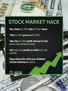 a sign that says stock market hack on top of stacks of money with an arrow pointing up