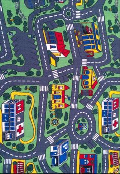 a child's play mat with cars, trucks and buses on it is shown