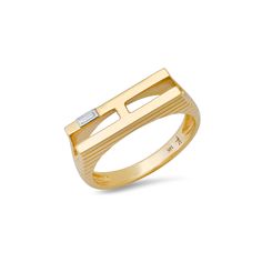 14k Solid Yellow Gold Initial Ring with ribbed detailing and a diamond baguette. 0.024 ctw All pieces are made to order and take 5-7 weeks to produce Luxury Yellow Gold Initial Ring, Yellow Gold Fine Jewelry Initial Ring With Diamond Cut, Luxury Tarnish-resistant Yellow Gold Initial Ring, Baguette-shaped Yellow Gold Jewelry As A Gift, Yellow Gold Initial Ring Gift, Tarnish Resistant, Close Instagram, Gold Initial Ring, Diamond Baguette, Diamond Stacking Rings