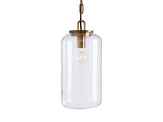 a clear glass pendant light hanging from a brass chain