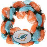 the miami dolphins mesh wreath is orange and blue