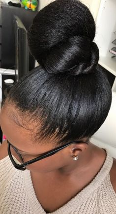 Cute Bun Hairstyles, Healthy Relaxed Hair, Middle Aged Women Hairstyles, High Bun Hairstyles, Top Knot Bun, Knot Bun, Transitioning Hairstyles, Asymmetrical Hairstyles