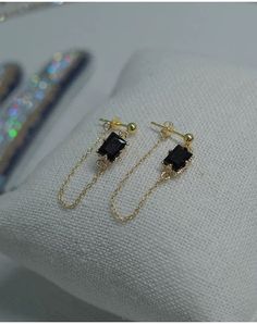 Choose your own gemstone! Green emerald and black agate onyx rectangle shaped gemstone, double layer 14K gold filled ear chain link stud earrings. Delicate elegance, dangling chain and eye catching gemstone looks stunning and feminine, perfect dainty daily earrings. We use the finest 14K gold filled, 5% pure gold, colors and shine last beautifully for many years! 💎 Features: ♥ Material: Finest 14K Gold Filled ♥ Main stone: Green/Black gemstone ♥ Screw back Closure 💎 Details: ♥ Approximate Measurements: - Length: 1.5 inches - Width: 0.4 inches ♥ Lightweight, easy to wear ♥ Nickel/Lead Free, Hypoallergenic 💎 Packing & Shipping: ♥ All our jewelry will be shipped with beautiful gift wrap packaging ♥ Handwrite gift notes/cards available upon request ♥ SAME DAY & FREE US Domestic Shipping ava Black Gold-plated Earrings For Gift, Black Rectangular Jewelry With Adjustable Chain, Elegant Black Square Jewelry, Black 14k Gold Single Earring, Black Rectangular Earrings For Gift, Rectangular Black Earrings For Gifts, 14k Gold Single Black Earring, Elegant Black Earrings With Adjustable Chain, Black Earrings With Adjustable Chain As Gift