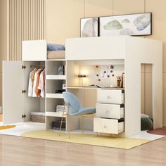 a child's bedroom with a loft bed and desk