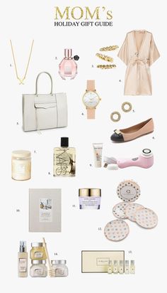 the holiday gift guide for mom's is shown in gold and white, including an open