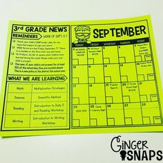 a yellow and black printable calendar with the words, 3rd grade news on it