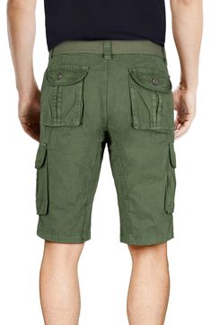 Belted cargo shorts crafted from cotton twill add a laid-back energy and everyday comfort to your wardrobe. 12" inseam (size 32) 100% cotton Machine wash, tumble dry
 Imported Model stats: 6'1" height, 32" waist. Model is wearing size 32. Summer Cotton Utility Bottoms, Military Style Cotton Cargo Pants With Patch Pockets, Utility Bermuda Shorts With Pockets For Spring, Relaxed Fit Utility Bermuda Shorts With Cargo Pockets, Utility Style Bermuda Shorts With Cargo Pockets, Relaxed Fit, Utility Bermuda Shorts With Cargo Pockets And Relaxed Fit, Utility Bermuda Shorts With Side Pockets, Utility Cotton Shorts For Summer, Green Cotton Cargo Pants With Multiple Pockets