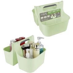 two green containers with different items in them