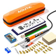 an orange case with writing tools and other items