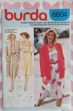 a woman's dress and jacket sewing pattern from the 1960s, but in color