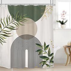 the shower curtain is decorated with green leaves and an art deco style design on it