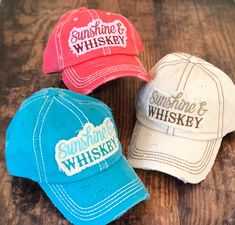 Sunshine & Whiskey Baseball Cap or Hat - Women's Baseball Cap - Beach or Boat Hat - Lake Hat - Alcohol 5 Colors: Pink - Turquoise - Stone or Light Khaki - Light Turquoise - Camo Distressed Hat, Beach Hat, Baseball Hat, Cap, Jeep, Lake, Crazy Hair, Trucker Hat, Mom, Mother, Mother's Day.... Adjustable Curved Brim Baseball Cap For Outdoor Events, Adjustable Baseball Cap For Country Events, Country Style Snapback Hat With Curved Brim, Country Style Adjustable Snapback Baseball Cap, Adjustable Country Style Snapback Baseball Cap, Fun Snapback Hat For Country Events, Fun Adjustable Brimmed Baseball Cap, Trendy Baseball Cap For Country Events, Trendy Adjustable Baseball Cap For Country Events