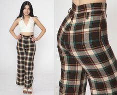 Vintage 70s pants in dark brown plaid with a flared leg and a high waist.  Please see measurements and condition below. Every garment we sell is authentic vintage and one-of-a-kind! You will receive the exact item photographed. Condition: Very good vintage. Best fits: Extra small Material:  Feels like Acrylic Era: 70s MEASUREMENTS Taken from seam to seam while the garment is lying flat. Double the armpit, waist, and hips For reference, model is 5'5" and measures 31-25-36. Waist: 12.5" Hips: 17.5" Inseam: 28.5" Rise: 12" For sales and promotions, follow us @Shopexile *ril2499919* Retro Brown Full-length Bottoms, Vintage Brown Full-length Bottoms, Vintage Wide Leg Plaid Bottoms, Vintage Plaid Summer Bottoms, High Waisted Bell Bottoms, Vintage Brown Plaid Pants, 70s Plaid, 70s Pants, Tartan Trousers