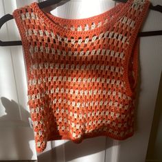 Never Worn, Perfect Condition Size Au 10 But Fits Like Xs Crochet/ Woven Material Casual Crochet Top For Fall Vacation, Casual Open Knit One-size Crochet Top, Casual One Size Open Knit Crochet Top, Orange Knitted Summer Tops, Orange Summer Crochet Top, Summer Orange Knitted Tops, Casual Fitted Crochet Top For Beach Season, Fitted Casual Crochet Top For Beach Season, Casual One Size Crochet Top