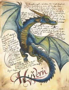 a blue dragon sitting on top of a piece of paper with writing in the background