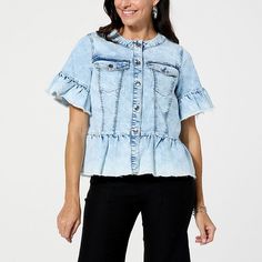 C Wonder by Christian Siriano Short-Sleeve Denim Jacket  This short, ruffle-sleeved denim jacket adds a fun, flattering element to your workday-to-weekend looks. The super-stretch denim provides an easy, comfortable fit you'll love. Trendy Ruffled Denim Top For Spring, Spring Medium Wash Short Sleeve Denim Vest, Spring Medium Wash Denim Top With Ruffles, Spring Ruffled Medium Wash Denim Top, Denim Blue Ruffled Short Sleeve Top, Trendy Ruffled Medium Wash Denim Top, Spring Button-up Denim Top With Frayed Hem, Spring Short Sleeve Denim Top With Ruffles, Denim Blue Short Sleeve Top With Ruffles