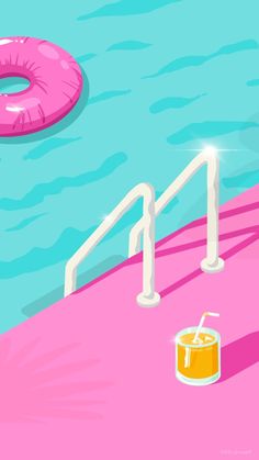 there is a pool with a pink float and a drink on the floor next to it