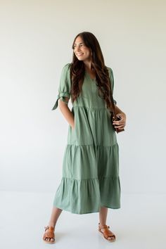 'Kaia' Tie Sleeve Tiered Lyocell Midi Dress in Dusty Green Dress For Sunday, Sunday Dresses, Vacation Dresses Beach, Dusty Green, Modest Dress, Vacation Dress, Your Values, Layered Tops, Tie Sleeve