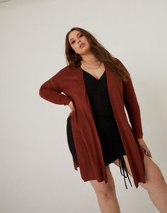 Curve Slit Sides Cardigan Plus Size Outerwear Red 1XL/2XL -2020AVE Classic Denim Jacket, Plus Size Womens Clothing, Trendy Tops, Cozy Sweaters, Curvy Fashion, Plus Size Tops, Plus Clothing, Knit Cardigan, Trendy Outfits