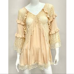 Absolutely Gorgeous New Pol Beige Or Dark Cream Layered, Ruffled, Lace Flounce V-Neck Tunic Top Or Dress W/A Zip Back, 3/4 Length Bracelet Sleeves, Beautifully Detailed W/Lace Trim On Ends Of Sleeves & Along Hemline. This Is So Beautiful & Can Be Worn W/Leggings, Jeans Or As A Mini Dress. Dressy W/A Vintage Boho Flair. - Available In Sizes Sm, Med, Lrg - Brand New W/Tag! - All Kinds Of Nwt Items Listed Including Some Beautiful Jewelry That Is All On Sale Plus Other Great Items! Add Your Favs To Spring V-neck Blouse With Lace Patchwork, Summer V-neck Blouse With Lace Sleeves, Chic V-neck Mini Dress With Lace Patchwork, V-neck Blouse With Ruffle Hem For Vacation, Spring V-neck Blouse With Lace Sleeves, V-neck Blouse With Lace Trim For Brunch, Summer Mini Dress With Lace Sleeves For Brunch, Summer Brunch Mini Dress With Lace Sleeves, Feminine Lace Trim Mini Dress For Fall