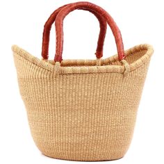 a straw bag with red handles on a white background