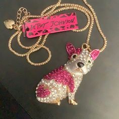 Hot Pink, Silver And Gold Colors Rhinestone Enamel Betsey Johnson Necklace. Pink Heart Rhinestone On Body A Must For Frenchie Lovers! Pink Jeweled Rhinestone Necklace For Party, Pink Bling Necklace For Gift, Pink Rhinestone Bling Necklace For Gift, Pink Rhinestone Bling Necklace Gift, Pink Rhinestone Necklace With Bling For Gift, Pink Rhinestone Necklace For Valentine's Day, Pink Metal Jewelry With Bling, Pink Bling Metal Jewelry, Pink Crystal Rhinestone Necklace