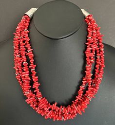 Sterling Silver Multi Strand Red Coral Bead Necklace 22 Inch Elegant Red Beaded Necklace With Silver Beads, Elegant Red Gemstone Beads, Elegant Red And Silver Beads, Multi-strand Red Coral Necklace With Polished Beads, Red Multi-strand Gemstone Beads Necklace, Red Coral Beaded Jewelry, Red Necklaces With Silver Beads, Red Beaded Coral Jewelry, Elegant Red Necklaces With Large Beads