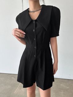 Elevate your summer wardrobe with our Solid Button Front Shirt Romper! This versatile piece is perfect for any casual occasion. Featuring a flattering high waistline and stylish button-front detailing, this romper is both comfortable and chic. The short sleeves and puff sleeve design add a touch of elegance, while the non-stretch woven fabric ensures a classic fit. Pair with your favorite sandals for a stylish, on-trend look. Made from 100% polyester, this romper is built to last. Features: Color: Black Style: Casual Details: Button-Front Length: Short Fit Type: Regular Fit Sleeve Length: Short Sleeve Sleeve Type: Puff Sleeve Waist Line: High Waist Fabric: Non-Stretch Material: Woven Fabric Composition: 100% Polyester Care Instructions: Machine wash or professional dry clean Sheer: No Prod Comfy Jumpsuits, Style Noir, Button Front Shirt, Sleeve Designs, Summer Wardrobe, Black Fashion, Woven Fabric, Puff Sleeve, Types Of Sleeves