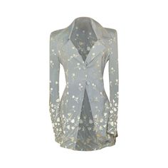 "Minimalist Jacquard Floral Blazer jacket for tall ladies. Tailored to flatter the body for style and flair. This fitted tailored blazer with a three-button front is perfect to pair with your favorite skirt, jeans, pants or dress. A collared jacket perfect for dress up and casual days. Makes a wonderful and thoughtful gift to yourself or for someone special.  SPECIFICATIONS * Embroidered Floral Jacquard three-button front tailored Blazer Jacket * High-quality rayon blend with stretch for style and flair * Wear with Pant, Skirt or Dress SIZING * True to size with longer proportions for Tall Females * Bust approx. 34\"- 36\" * Bottom opening @ mid-hip - approx. 36\"  * Sleeve Length approx. 33\" CARE INSTRUCTIONS Dry Clean only DISCLAIMER Please note due to monitor settings slight color vari Semi-formal Fitted Button-up Blazer Dress, Fitted Button-up Blazer Dress For Semi-formal, Fitted Button-up Blazer Dress For Semi-formal Occasions, Fitted Single Breasted Button-up Blazer Dress, Party Fitted Blazer With Covered Buttons, Fitted Single Button Outerwear For Night Out, Fitted Office Blazer With Covered Buttons, Spring Evening Blazer With Buttons, Fitted Button-up Outerwear For Party