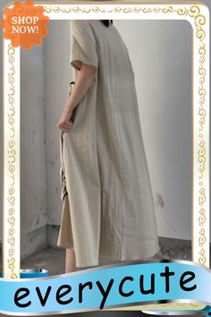 Women Apricot O Neck Wrinkled Patchwork Cotton Long Dresses Summer Casual Solid Color Dresses With Patchwork, Casual Solid Color Dress With Patchwork, Solid Color Patchwork Summer Dresses, Solid Color Summer Dress With Patchwork, Summer Patchwork Dresses, Casual Long Patchwork Dress, Casual Long Dress With Patchwork, Long Beige Solid Color Dress, Beige Lagenlook Dress For Spring