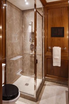 a walk in shower sitting next to a toilet