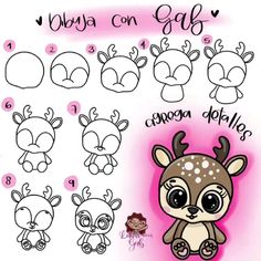 how to draw a cute deer with different expressions and shapes for kids, easy step by step instructions