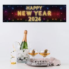 happy new year banner with champagne and glasses