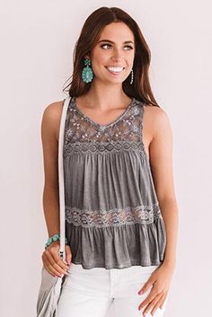 Gray Lace Embroidery Ruffled Sleeveless Top Sleeveless Tank Top With Lace Patchwork, Casual Lace Patchwork Sleeveless Tank Top, Chic Lace Patchwork Tank Top, Chic Lace Patchwork Sleeveless Tank Top, Bohemian Sleeveless Tops With Lace Patchwork, Chic Sleeveless Lace Patchwork Tank Top, Lace Patchwork Sleeveless Beach Top, Sleeveless Tops With Lace Patchwork For Beach, Sleeveless Lace Patchwork Top For Beach