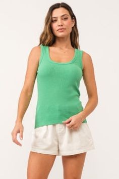 Jewel scoop neck tank finished sleeveless with ribbed neck & armhole band. Solid color knit fitted. Besties 4-Ever, endless comfort of unwavering support... 96% COTTON 4% SPANDEX Machine wash cold, Tumble dry low Green Scoop Neck Tank Top For Everyday, Everyday Green Scoop Neck Tank Top, Green Everyday Tank Top With Tank Straps, Fitted Green Tank Top For Everyday, Green Everyday Tank Top, Everyday Green Tank Top, Spring Green Ribbed Tank Top, Ribbed Green Tank Top For Spring, Green Ribbed Cotton Tank Top