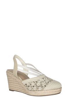 Laser-cut perforations add whimsical charm to an espadrille-inspired sandal lofted by a jute-wrapped platform and integrated wedge heel. 3" heel Memory foam cushioning Slip-resistant sole Textile upper and lining/synthetic sole Imported Beige Slingback Wedge Sandals For Summer, Beige Synthetic Slingback Wedge Sandals, Spring Cream Closed Toe Wedge Sandals, White Straw Summer Heels, Cream Wedge Sandals With Ankle Strap For Spring, Cream Ankle Strap Wedge Sandals For Spring, Cream Slingback Heels For Summer, Chic White Espadrille Heels, Cream Wedge Sandals With Removable Insole For Beach