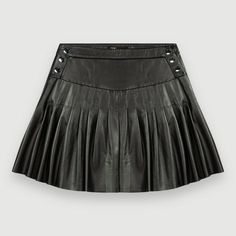 Maje Junia Pleated Black Leather Skirt Brand New, With Tags Mini Skirt, Fitted At The Top And Flared At The Bottom. Soft, Smooth Leather With Laminated Fabric Backing. Pleats Along Hem. 100% Sheepskin. Maje-Branded Metal Snap Buttons On The Sides At Front. Side Zip. Size L / Fr 40 (Fits Size 6-8 Us) Retails For $510 + Tax Https://Ca.Maje.Com/En/Categories/Skirts-And-Shorts/122junia/Mfpju00874.Html?Dwvar_mfpju00874_color=2517 Luxury Pleated Skirt For Spring, Luxury Black Skirt For Night Out, Luxury Black Skirt For Fall, Luxury Mini Skirt For Summer, Luxury Fitted Pleated Skirt, Luxury Black Skirt, Flared Mini Skirt, Denim Skirt Women, Black Leather Skirts