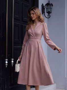 Elegant V-Neck Waist Defined Faux Suede Long Sleeve Dress Pink Elegant  Long Sleeve Woven Fabric Plain A Line Non-Stretch Spring/Fall Women Clothing, size features are:Bust: ,Length: ,Sleeve Length: Rose Bonbon, Kids Sleepwear, Womens Midi Dresses, Long Sleeve Casual, Active Wear For Women, Long Sleeve Hoodie, Eos, Women Clothes Sale, All Fashion