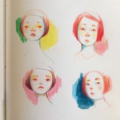 an open book with colored drawings of women's faces and hair on the pages