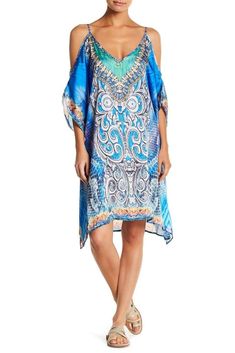 Women's beach  cover up dresses and day dresses with crystals embellished neckline. Multicolor Mini Dress For Beach Party, Flowy Party Beachwear Cover-up, Blue Party Dress For Vacation, Blue Dress For Party And Vacation, Embellished V-neck Maxi Dress For Summer, Bohemian Party Dress For Vacation, Elegant Embellished Maxi Dress For Beach, Blue Summer Party Cover-up, Blue Cover-up For Summer Party