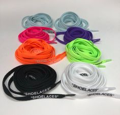 This listing is for 1 pair of Off White replacement laces. These are the closest to the original Off White laces.  - Choose from 8 different colors:   Neon Green   Neon Orange   Black    White   Purple   Hot Pink   Light Blue / White Text   Light Blue / Black Text- Our laces use high quality silicone heat press to stamp the “SHOELACES” text on. No other company offers this feature. - More durable than competitors using cheap screen printing for text - Length is 54 inches or 63 inches - Cotton La Dallas Cowboys Shoes, Plastic Lace, Cowboy Shoes, Green Neon, Mens Tie, Pink Light, Tie Shoes, Iphone Cover, Neon Orange