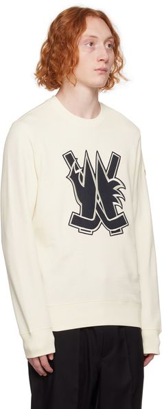 French terry sweatshirt. · Rib knit crewneck, hem, and cuffs · Logo appliqué at chest · Felted logo patch at sleeve Supplier color: Off-white Applique Hoodie, Hockey Sweatshirts, Monogram Sweatshirt, Knit Crewneck, Embroidered Sweatshirts, Mens Activewear, Bright White, French Terry, Zip Hoodie