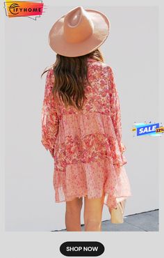 Pink Bubble Sleeve Floral Print Dress Spring Bohemian Chiffon Midi Dress, Summer V-neck Long Sleeve Dress For Daywear, Casual Long Sleeve Ruffled Dress For Summer, Casual Long Sleeve Summer Dress With Ruffles, Casual Long Sleeve Dress With Ruffles For Summer, Bohemian Long Sleeve Chiffon Midi Dress, Spring Flowy Long Sleeve Dress With Ruffles, Spring Bohemian Chiffon Dress, Bohemian Chiffon Spring Dress