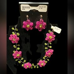 Pink & Green Beaded Necklace And Earring Set. Choker Type Necklace Post Earrings Approximate Measurements In Pictures Shown Green Beaded Necklace, Floral Jewelry, Necklace And Earring Set, Floral Jewellery, Beaded Jewelry Diy, Jewelry Diy, Picture Show, Post Earrings, Womens Jewelry Necklace