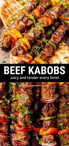 beef kabobs are piled on top of each other with the words beef kabobs juicy and tender every time