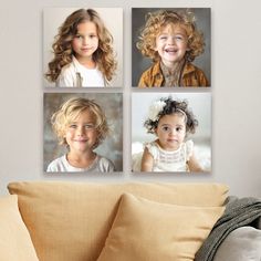 three children's pictures hanging on the wall above a couch in a living room