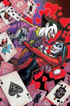 the joker playing cards with hearts flying around