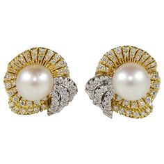 This charming pair of Pearl and Diamond earrings are 1945 ca Skilfully hand crafted of solid 18 Kt gold by past jewellery masters in unique Diamond Bow design expressing the fashion trend of that period as favorite Centrally set with two well matched South Sea Pearls of white body with silvery overtone, high lustre and special sheen, 11 mm. average size making the focal point of these stunners Extra fine Diamonds complement with white sparkle and brilliance throughout the bow, approx 2.40 Ct. of Pink Pearl Earrings, South Sea Pearls Earrings, Smoky Quartz Earrings, Pearl Earring Set, Gold Diamond Hoop Earrings, Ivory Earrings, Jewel Wedding, Diamond Bows, Pearl And Diamond Earrings