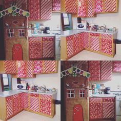 four pictures of a doll house made out of cardboard and paper machs, with the door open