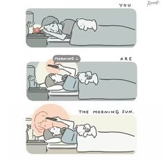 two cartoon images with the same person lying in bed and one is pointing at something